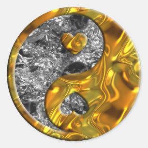 Pegatina Redonda Yin & Yang / Oro del corazón   plata abstracta