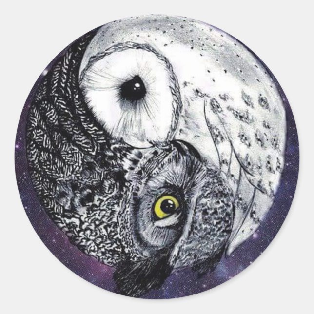 Pegatina Redonda Yin Yang Owls (Anverso)