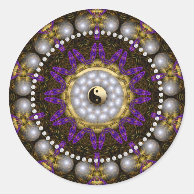 Pegatina Redonda Yin Yang Pearl Purple Gold Geometry Mandala (Anverso)