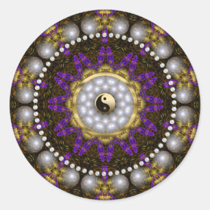 Pegatina Redonda Yin Yang Pearl Purple Gold Geometry Mandala