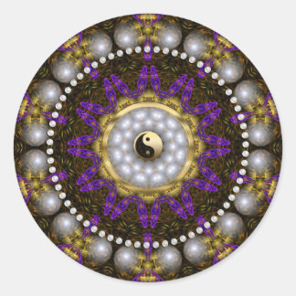 Pegatina Redonda Yin Yang Pearl Purple Gold Geometry Mandala
