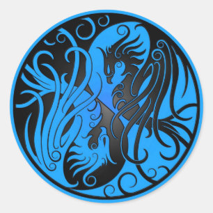 Pegatina Redonda Yin Yang Phoenix azul y negro