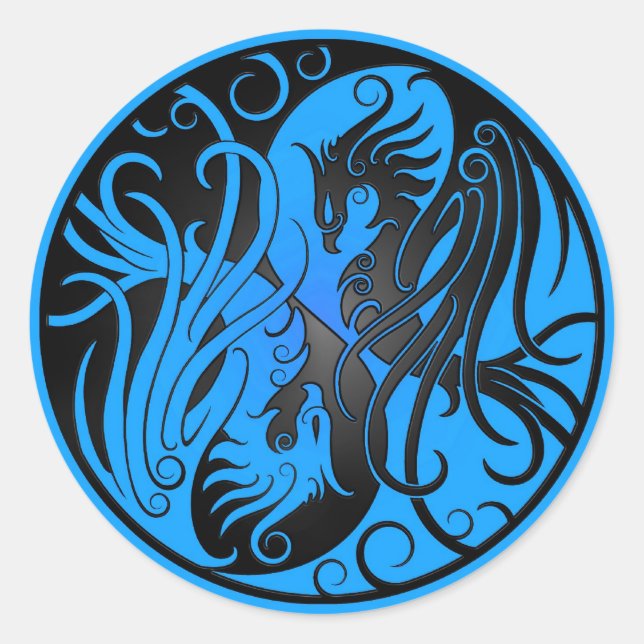 Pegatina Redonda Yin Yang Phoenix azul y negro (Anverso)