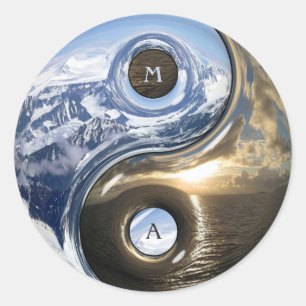 Pegatina Redonda Yin Yang Sea Montaña Con Tu Monograma