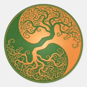 Pegatina Redonda Yin Yang Tree Golden Green