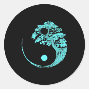 Pegatina Redonda Yin Yang Turquoise Blue Bonsai Tree Japonés