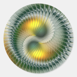 Pegatina Redonda Yin Yang Verde Amarillo Abstracto Fractal Colorido