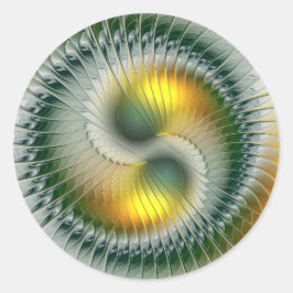 Pegatina Redonda Yin Yang Verde Amarillo Fractal Abstracto Colorido