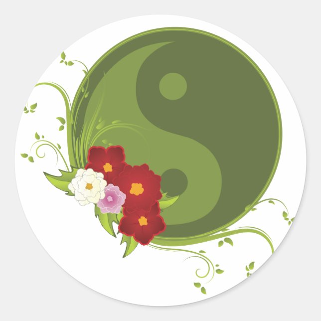 Pegatina Redonda Yin Yang y Flowers (Anverso)