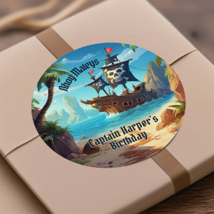 Pegatina Redonda ¡Yo Ho Ho! Cumpleaños de chicos piratas en la isla