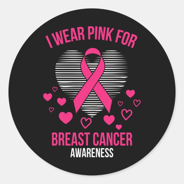 Pegatina Redonda Yo llevo cinta rosada corazón Guay cáncer de mama  (Anverso)