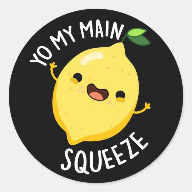 Pegatina Redonda Yo mi principal Squeeze Funny Lemon Pun Dark BG (Anverso)