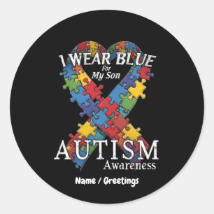 Pegatina Redonda Yo uso azul para mi hijo autismo apoyo a la concie