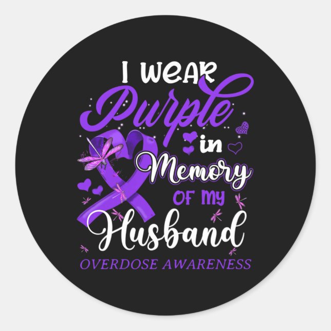 Pegatina Redonda Yo Uso Morado En Memoria De Mi Esposo Sobredosific (Anverso)