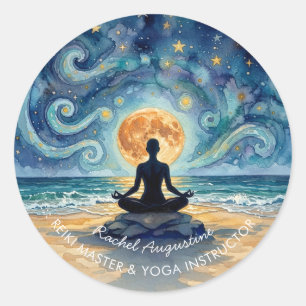 Pegatina Redonda Yoga Meditación Cielo Nocturno Estrellado Luna Pla