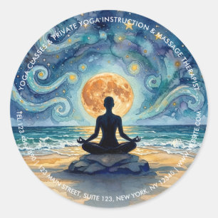 Pegatina Redonda Yoga Meditación Noche Estrellada Cielo Luna Playa