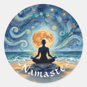 Pegatina Redonda Yoga Meditación Noche Estrellada Cielo Luna Playa