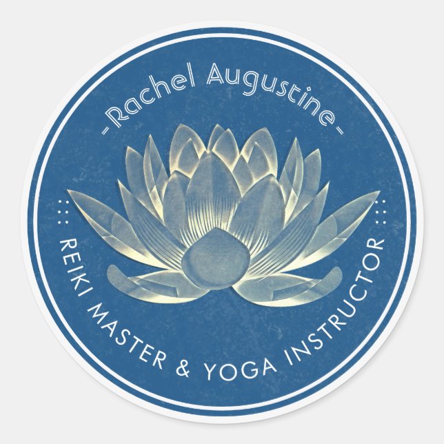 Pegatina Redonda YOGA Meditación Reiki Instructor Blue & Gold Lotus (Anverso)