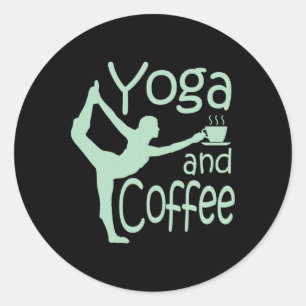 Pegatina Redonda Yoga Para Mujeres Con Dichos Yoga Y Café