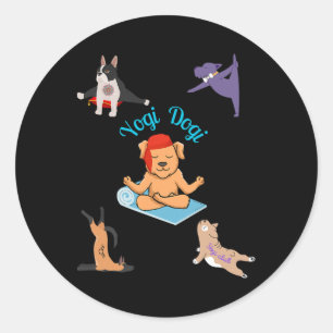 Pegatina Redonda Yogi Dogi V4. Arte de Yoga de Perro Juguetón
