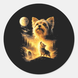 Pegatina Redonda Yorkie Aullando a la Luna Amante de Perros Fantasí