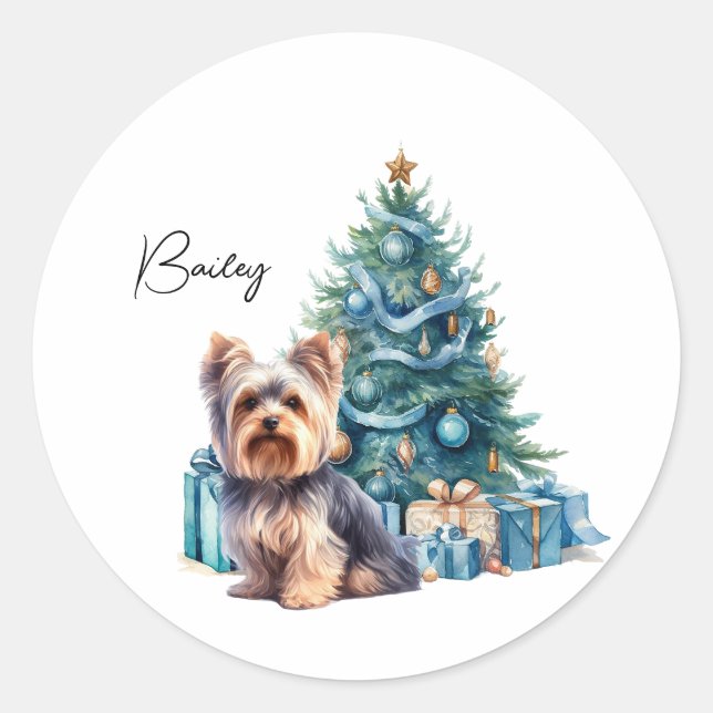 Pegatina Redonda Yorkie de nombre de perro personalizado con árbol  (Anverso)
