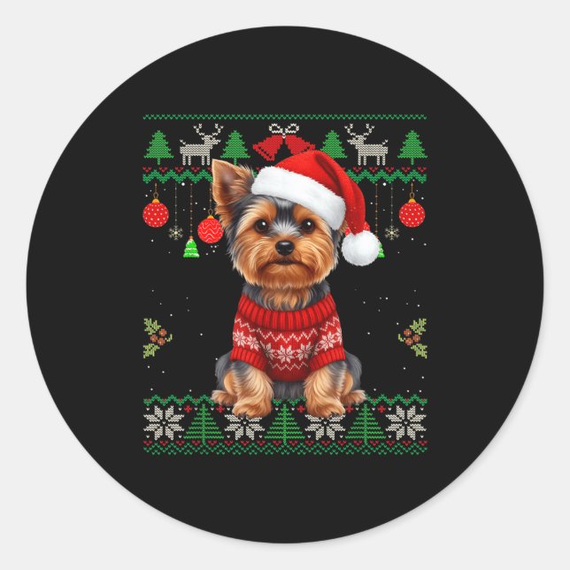 Pegatina Redonda Yorkie Dog Christmas Wearing Ugly Christmas Sweate (Anverso)