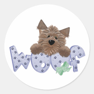 Pegatina Redonda Yorkie Dog Woof (azul)