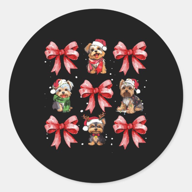 Pegatina Redonda Yorkie Dogs Cute Coquette Bow Navidades Mascota An (Anverso)
