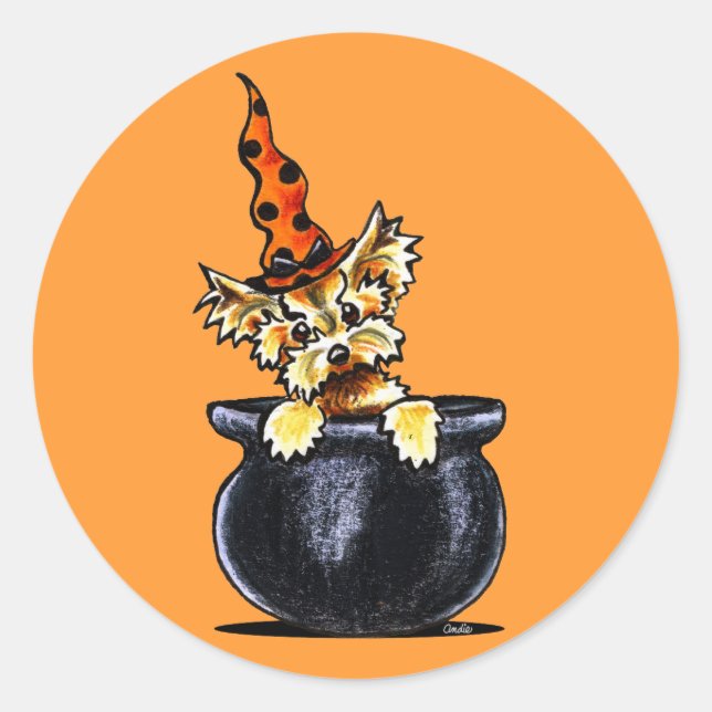 Pegatina Redonda Yorkie Halloween Good Witch Off Leash Art™ (Anverso)