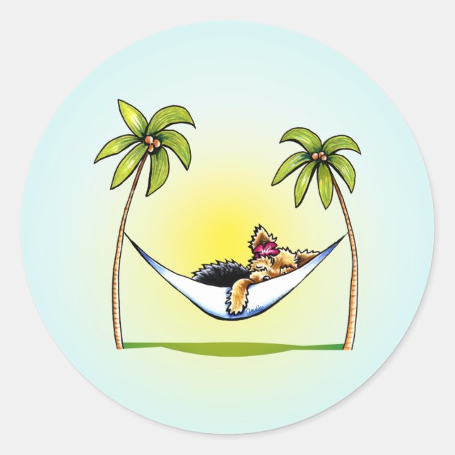 Pegatina Redonda Yorkie Island Princess Off-Leash Art™ (Anverso)