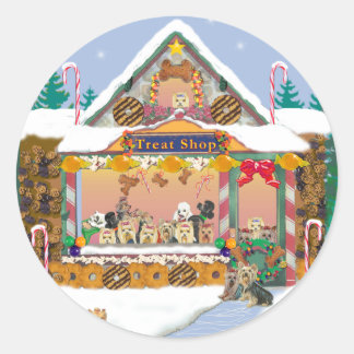 Pegatina Redonda Yorkie Navidades Gingerbread House