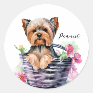 Pegatina Redonda Yorkie personalizado en el arte acuarela de la can
