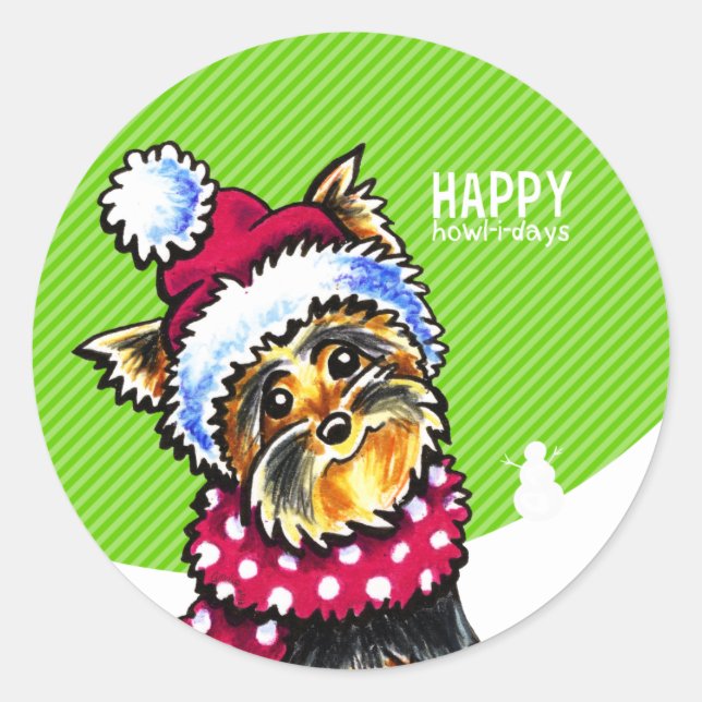 Pegatina Redonda Yorkie Scarf Navidades Happy Howl-i-days (Anverso)