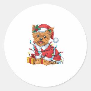 Pegatina Redonda Yorkie Xmas iluminando a Navidades de perros de Sa