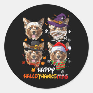 Pegatina Redonda Yorkshire Dog Hallothanksmas Halloween Thanksgivin