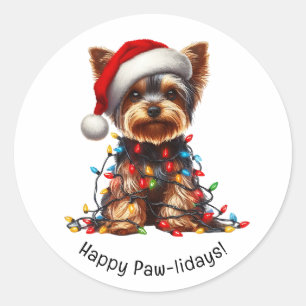 Pegatina Redonda Yorkshire Terrier con sombrero de Santa y luces de
