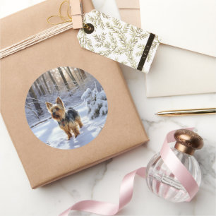 Pegatina Redonda Yorkshire Terrier Deja que nieve Navidad