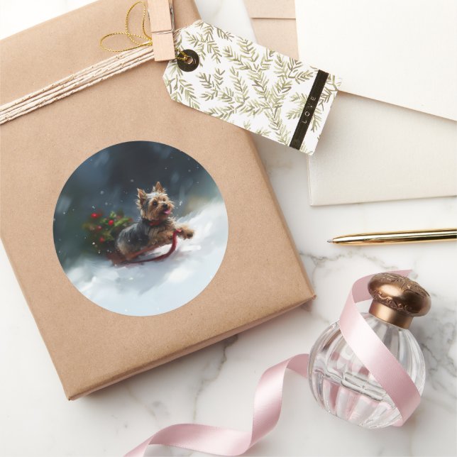 Pegatina Redonda Yorkshire Terrier Navidad nieve invierno (Regalar)