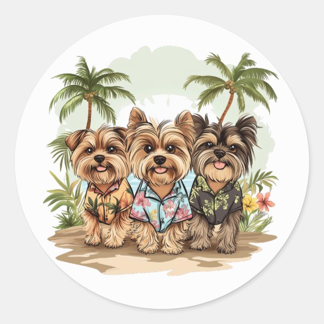 Pegatina Redonda Yorkshire Terrier Perro a Camisetas hawaianos (Anverso)