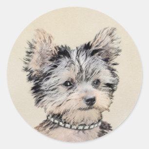 Pegatina Redonda Yorkshire Terrier Puppy Pintando Arte Original De