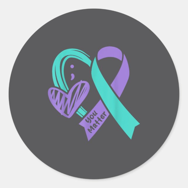 Pegatina Redonda You Suicide Prevention Awareness Teal Purple Heart (Anverso)