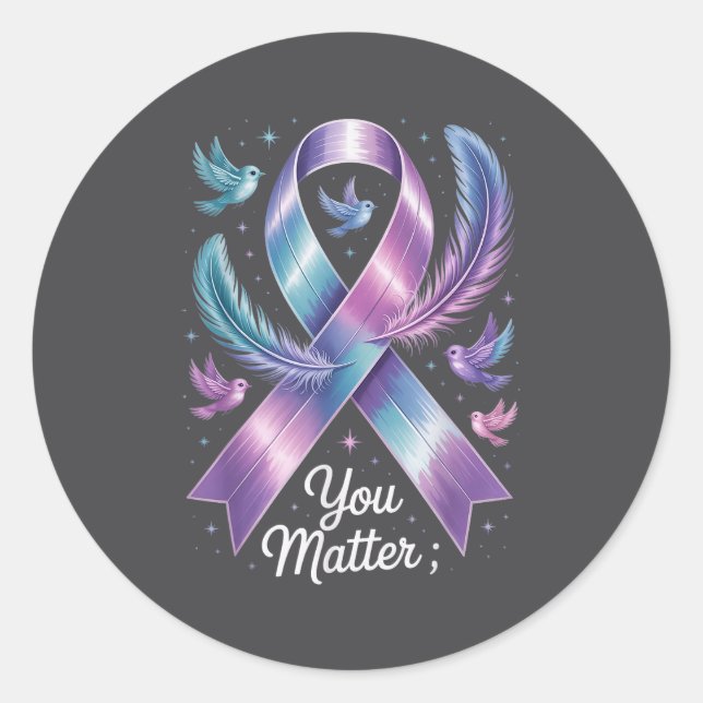 Pegatina Redonda You Teal &amp; Purple Ribbon Suicide Prevention Aw (Anverso)