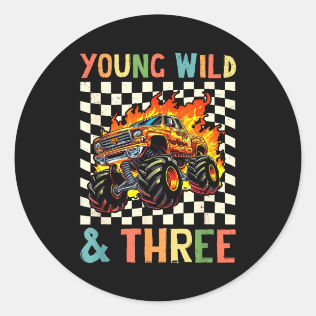 Pegatina Redonda Young Wild And Three Monster Truck 3rd Birthday 3y (Anverso)