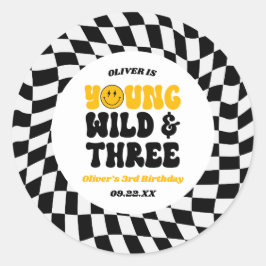 Pegatina Redonda Young Wild & Three Retro Third 3rd Birthday Party
