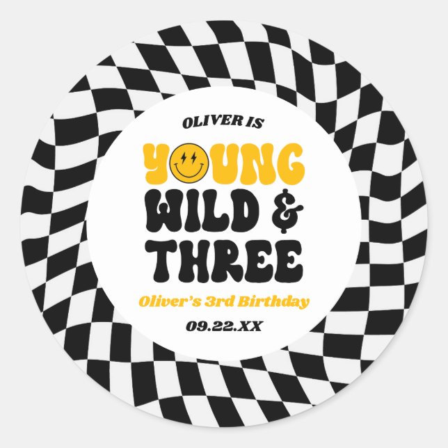 Pegatina Redonda Young Wild & Three Retro Third 3rd Birthday Party (Anverso)