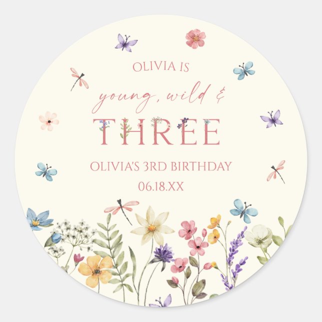 Pegatina Redonda Young Wild & Three Wildflower 3rd Birthday Party (Anverso)