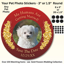 Pegatina Redonda Your Pet Photo, Save The Date, Gold Flowers Maroon