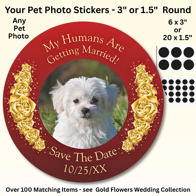 Pegatina Redonda Your Pet Photo, Save The Date, Gold Flowers Maroon (Subido por el creador)
