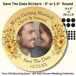 Pegatina Redonda Your Photo & Names, Save The Date, Golden Yellow 